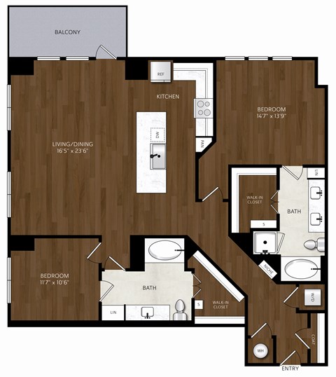 Floor plan for 2 beds, 2 baths, 1443 sqft